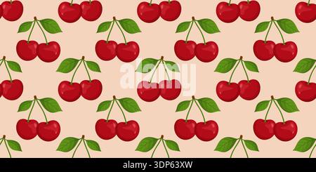 Seamless pattern with red cherries and green leaves. Bright flat style. For textiles, wrapping paper, packaging, kitchen decor and summer prints. Vector illustration Stock Vector