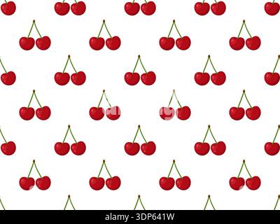 Seamless pattern with pairs of red cherries on white background. Bright flat style. Ideal for textiles, wrapping paper, packaging, kitchen decor, and summer prints. Vector illustration Stock Vector