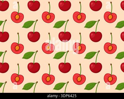 Seamless pattern with whole cherries, halves and green leaves. Bright flat style. For textiles, wrapping paper, packaging, kitchen decor and summer prints. Vector illustration Stock Vector