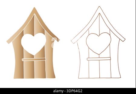 Vector cute birdhouses with heart window. Graphic spring house, easter hand drawn illustration isolated on background. Botanical and clip art. For Stock Vector