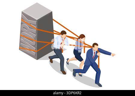 Isometric teamwork concept with business team pulling heavy stone block with rope. Cooperation, effort and leadership direction metaphor. Business Stock Vector
