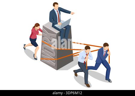 Isometric business concept with leader sitting on heavy stone while team pull with rope. Authority, control, delegation and corporate pressure Stock Vector