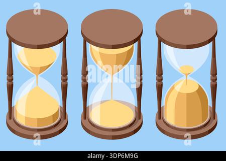 Isometric hourglass set with different sand levels. Countdown, time limit and deadline progress concept. Business deadline Stock Vector