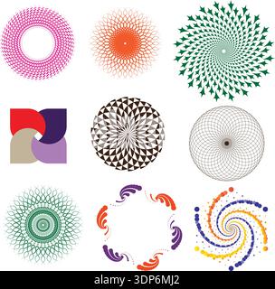 Collection of Abstract Geometric Radial Shapes and Circular Motifs Stock Vector