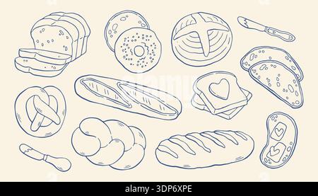 Mediterranean bread doodle set in blue. Hand drawn line art of italian and french cuisine. La dolce vita table wettings, cafe and restaurant menus Stock Vector