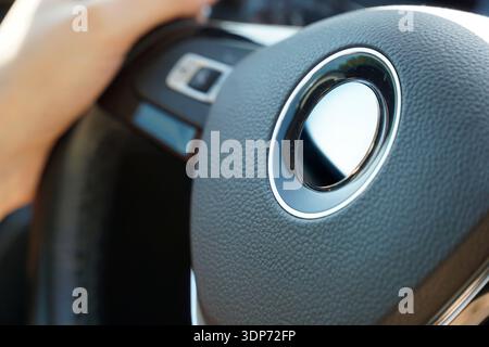Man Driving Car With Hands On Steering Wheel Stock Photo