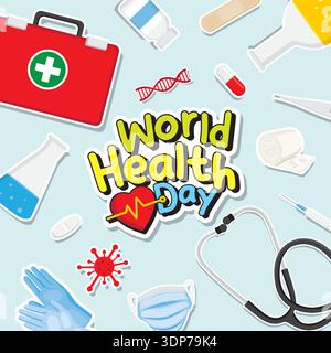 World Health Day square layout with medical equipment and healthcare symbols. Bright awareness design for social media and campaigns. Stock Vector