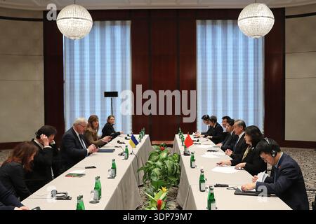 Munich, Germany. 13th Feb, 2026. Chinese Foreign Minister Wang Yi, also a member of the Political Bureau of the Communist Party of China Central Committee, meets with Ukrainian Foreign Minister Andrii Sybiha on the sidelines of the Munich Security Conference in Munich, Germany, Feb. 13, 2026. Credit: Du Zheyu/Xinhua/Alamy Live News Stock Photo