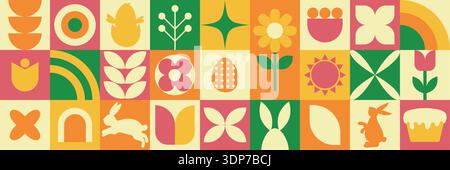 Easter geometric banner mosaic of colorful retro tiled grid showing rabbits, eggs, tulips, carrots and rainbows in warm pastel palette energetic playf Stock Vector