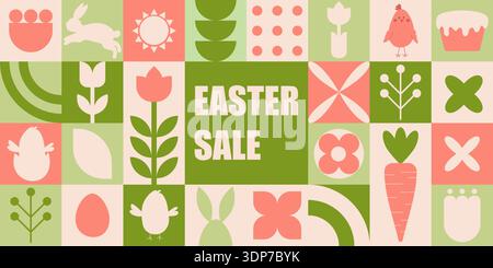 Easter sale geometric banner with pastel grid of icons, retro shapes, bunny and egg motifs in green and coral palette, playful vintage vibe for spring Stock Vector