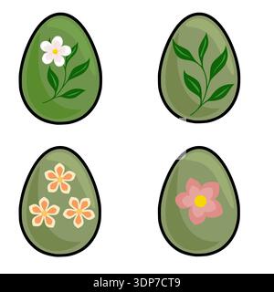 Set of four decorative Easter eggs with floral and leaf illustrations, vector Stock Vector