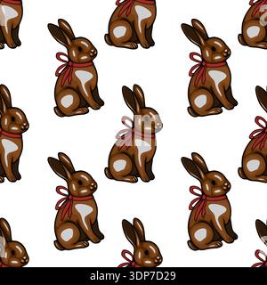 Seamless vector pattern of cute chocolate Easter bunnies with red bows on a white background. Stock Vector