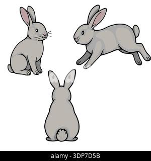 Set of three cute grey vector rabbits in different poses, isolated on white background Stock Vector