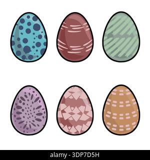 Set of six decorated Easter eggs vector illustration, isolated on white background, with playful patterns and pastel colors. Stock Vector