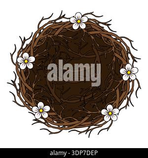 Whimsical vector illustration of a rustic bird nest adorned with delicate white flowers, perfect for spring themes. Stock Vector