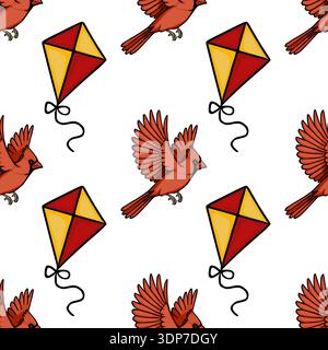 Seamless vector pattern of red cardinals and yellow and red kites flying against a white background Stock Vector