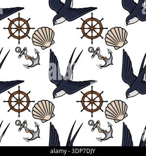 Nautical seamless pattern vector illustration with swallow birds, ship wheels, anchors, and seashells Stock Vector