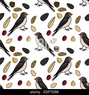 Seamless vector pattern of swallow birds and assorted seeds, perfect for nature-themed designs Stock Vector