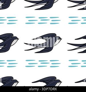 Seamless vector pattern illustration of dark blue swallows in flight with minimalist blue dashes, perfect for Easter and spring themes. Stock Vector