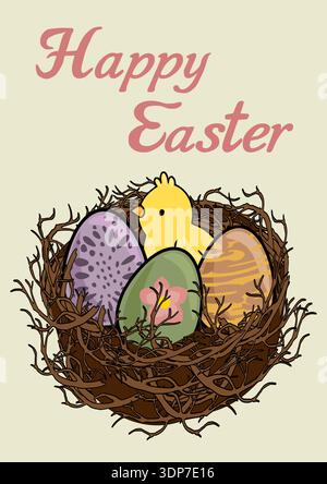 Happy Easter vector poster illustration of a cute chick in a nest with decorated eggs Stock Vector