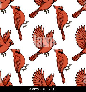 Seamless vector pattern of vibrant red cardinals in flight and perched, isolated illustration Stock Vector