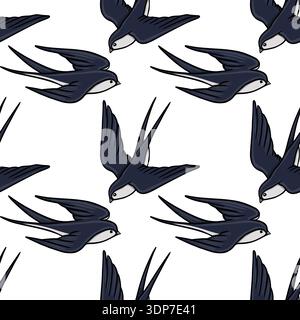 Seamless vector pattern of dark blue swallows in flight against a white background Stock Vector