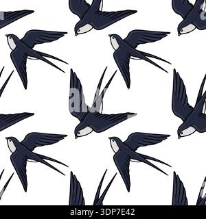 Seamless vector pattern of flying swallows, elegant dark blue birds with white bellies soaring against a clean white background, perfect for spring an Stock Vector