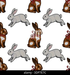 Seamless vector pattern of cute grey and chocolate Easter bunnies with red bows Stock Vector