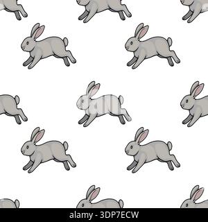 Seamless vector pattern illustration of running grey rabbits on white background Stock Vector