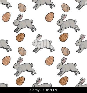 Seamless vector pattern of playful grey bunnies and decorative Easter eggs, perfect for spring celebrations and textile designs. Stock Vector