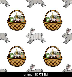 Seamless vector pattern of cute grey rabbits hopping around Easter baskets filled with decorated cakes, eggs, and candles Stock Vector