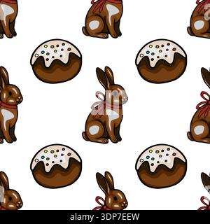 Seamless vector pattern of chocolate Easter bunnies and decorated cakes with sprinkles Stock Vector
