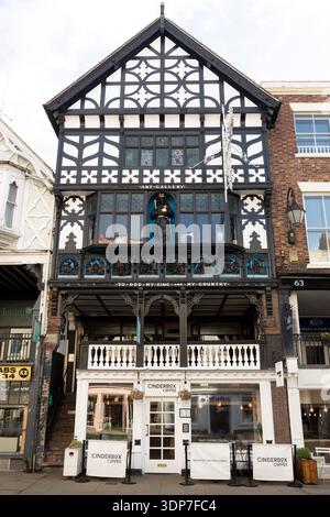 Half-timbered building on Bridge Street in Chester, Cheshire. There are many ornate, historic buildings in Chester. Stock Photo