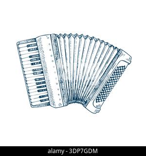 Engraved piano accordion with wide bellows, hand-drawn vector. Stock Vector