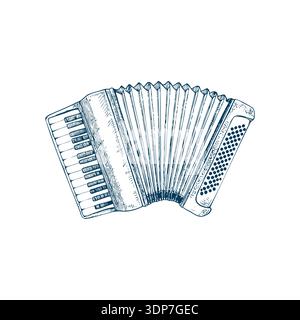 Monochrome vector accordion in traditional engraved style, isolated. Stock Vector