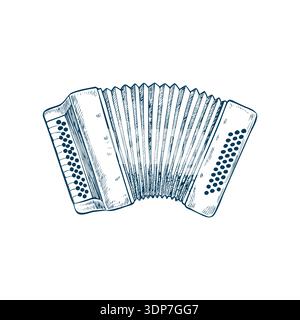 Vintage hand-drawn accordion, monochrome engraved style, isolated on white. Stock Vector
