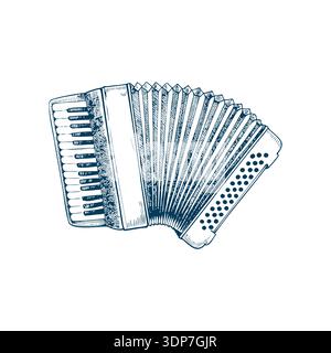 Hand-drawn accordion with keyboard and bass buttons, vintage engraving. Stock Vector