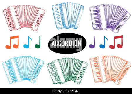 Set of colorful accordion illustrations with musical notes, playful vector collection. Stock Vector