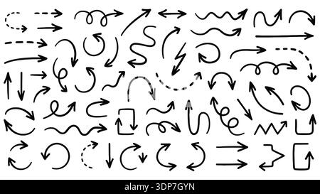Hand drawn black vector arrows set. Doodle style pointers, direction signs, navigation icons, speech bubble elements, isolated on white Stock Vector