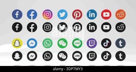 Social media vector icon set with popular platforms in color and black, isolated on white Stock Vector