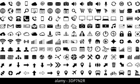 Vector black UI icon set for web and mobile apps, communication, media, business, navigation, and technology, isolated on white Stock Vector