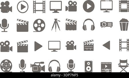 Cinema Video Production Media Icons Set Flat UI Symbols for Film Making, Broadcasting and Digital Streaming Vector Collection Stock Vector