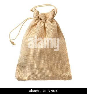 Small natural textile drawstring pouch, perfect for gifts or eco-friendly packaging, on transparent background Stock Photo