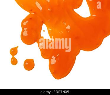 Orange liquid spilling and forming drops, showcasing a vibrant food texture with a transparent background Stock Photo