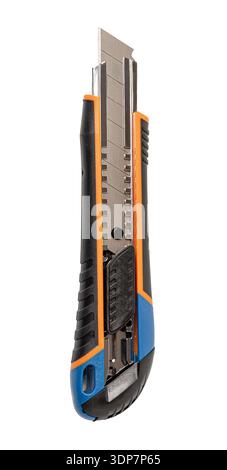 Utility knife with an orange, blue, and black handle appearing vertically on a transparent background Stock Photo