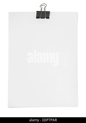 Blank paper sheet held by a black binder clip, isolated on a white background Stock Photo