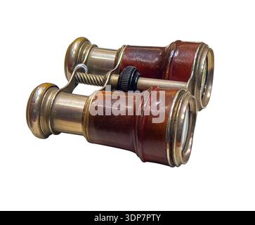 Antique opera glasses featuring brass details and leather texture on a transparent background Stock Photo