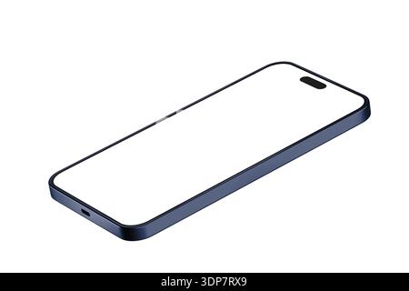 Smartphone iPhone mockup with blank white screen isolated on a white background, in three-quarters Stock Photo