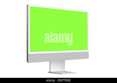 Blank Monitor Template With Green Screen in three-quarters on White Background Stock Photo
