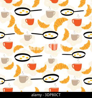 Breakfast pattern with croissants, fried eggs in pans, and steaming coffee cups as seamless background vector Stock Vector